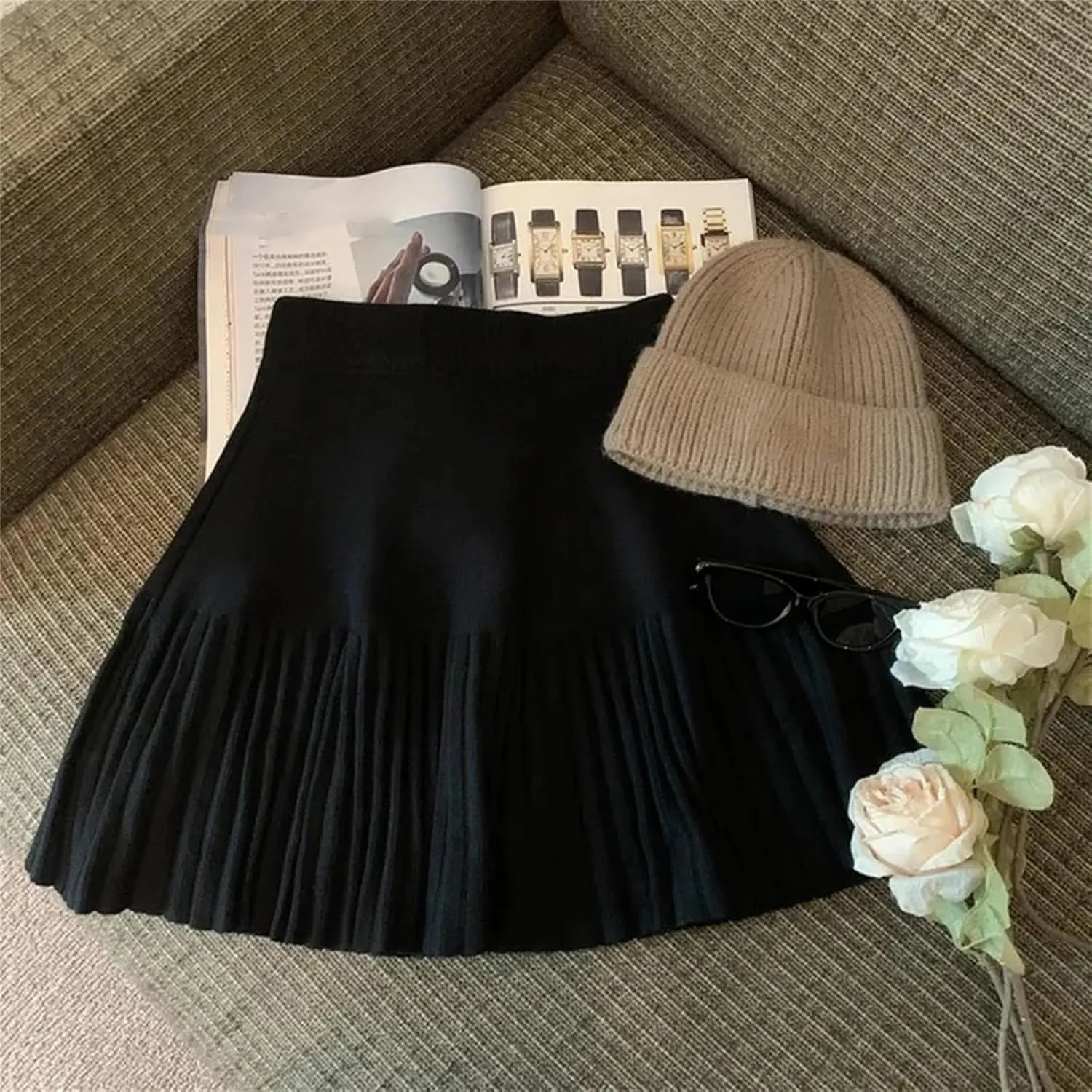 Women Knitted Pleated Skirts Fall Winter High Waist All-Match A-Line Skirts Female Korean Mini Skirts