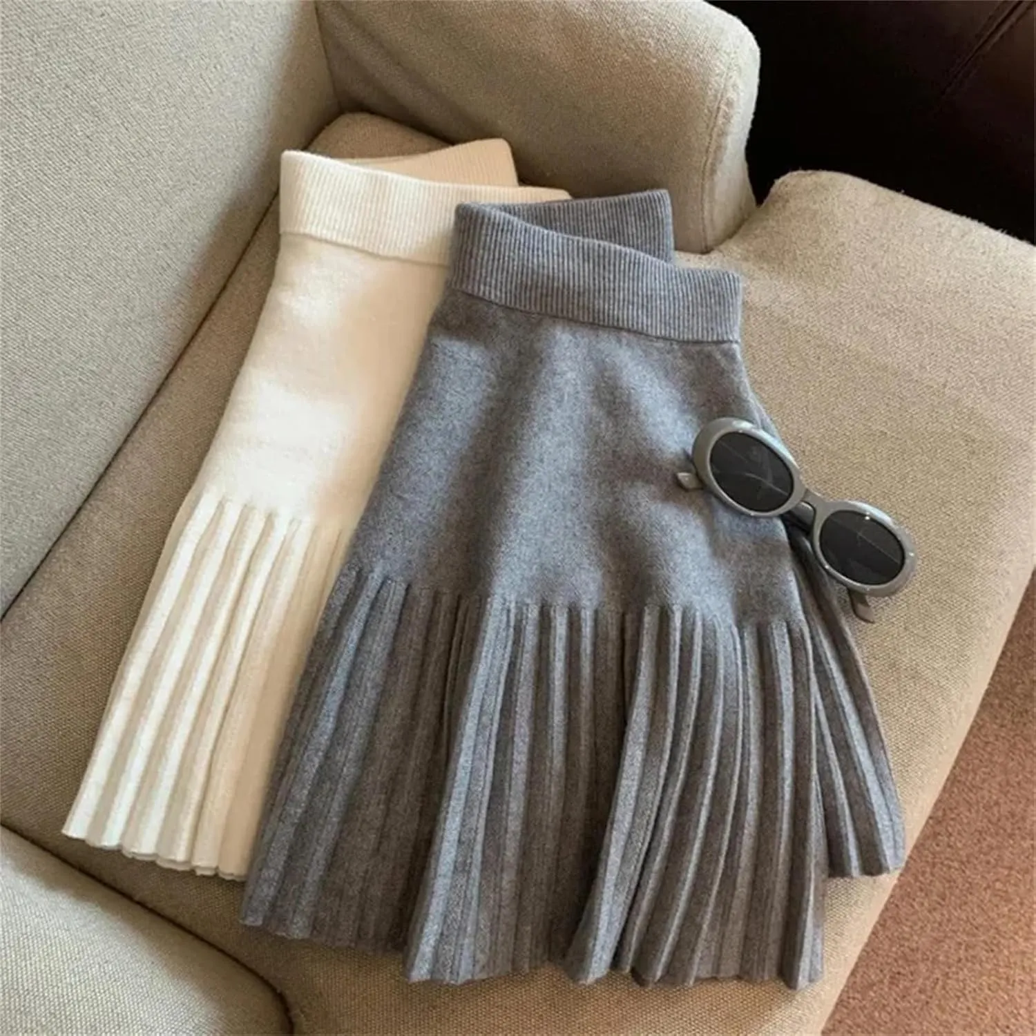 Women Knitted Pleated Skirts Fall Winter High Waist All-Match A-Line Skirts Female Korean Mini Skirts
