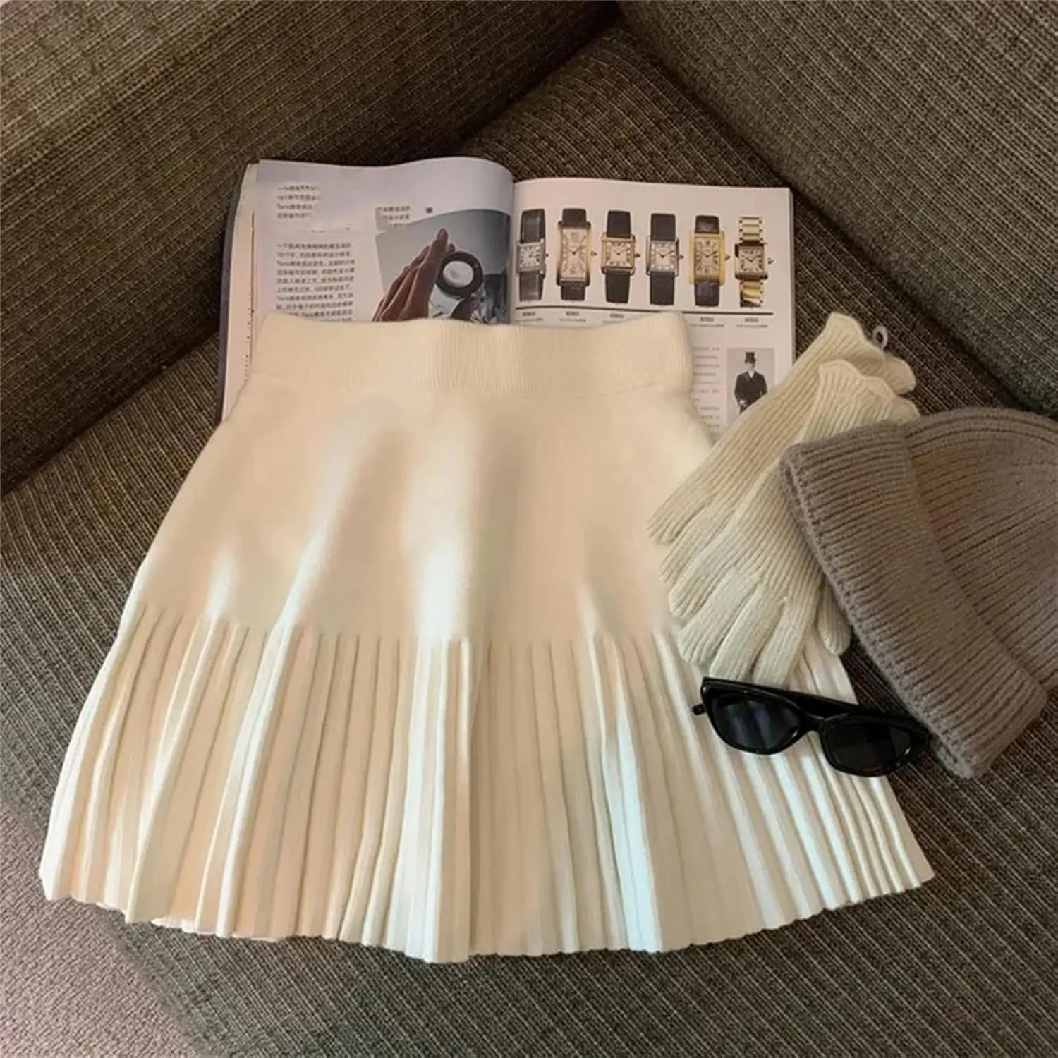 Women Knitted Pleated Skirts Fall Winter High Waist All-Match A-Line Skirts Female Korean Mini Skirts