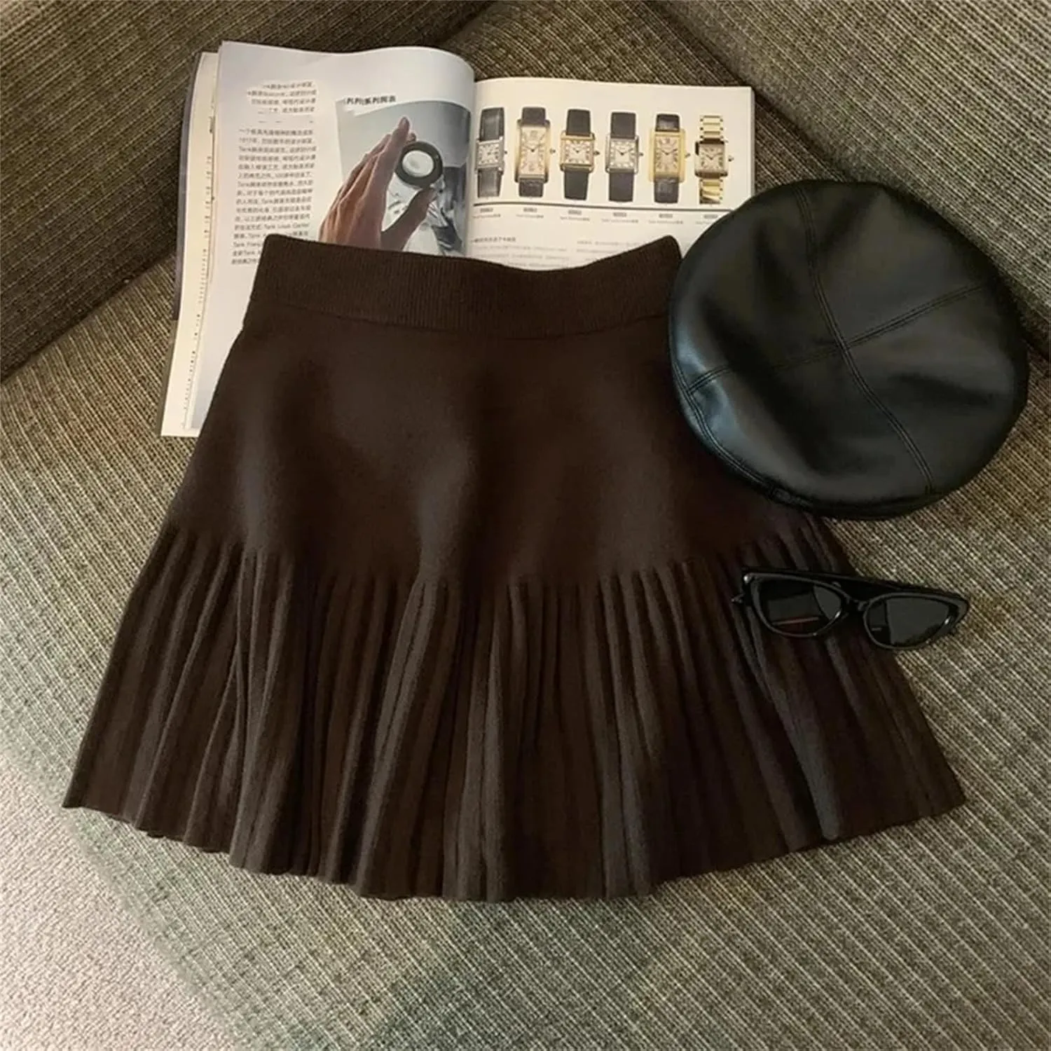 Women Knitted Pleated Skirts Fall Winter High Waist All-Match A-Line Skirts Female Korean Mini Skirts