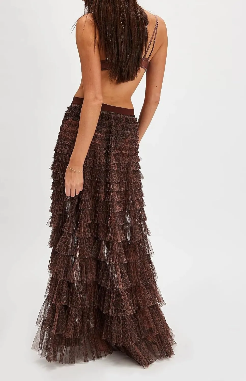 Women Lace Layered Long Skirts Elastic Waist Ruffle Flowy Maxi Slip Skirts See Through Pleated Tulle Skirts