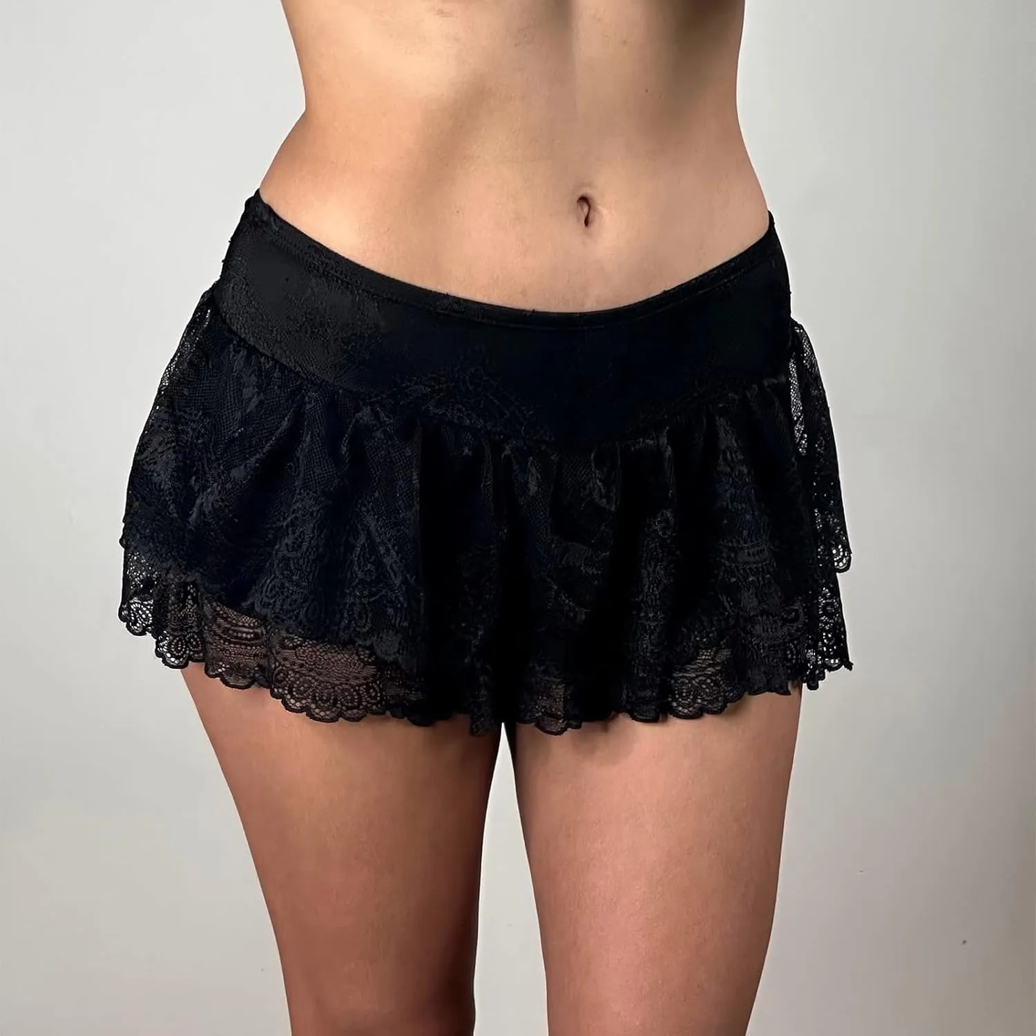 Women Lace Mini Skirts Club Y2k Low Waist Sexy Pleated Ruffled Hem Layered Skirts Short Skirts Streetwear