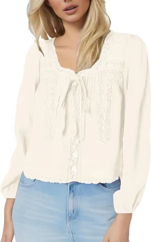 Women Lace Tie Front Top Y2k Coquette Long Sleeve Button Up Chiffon Cardigan Flowy Boho Peplum Shirt Going Out Tops in 2025