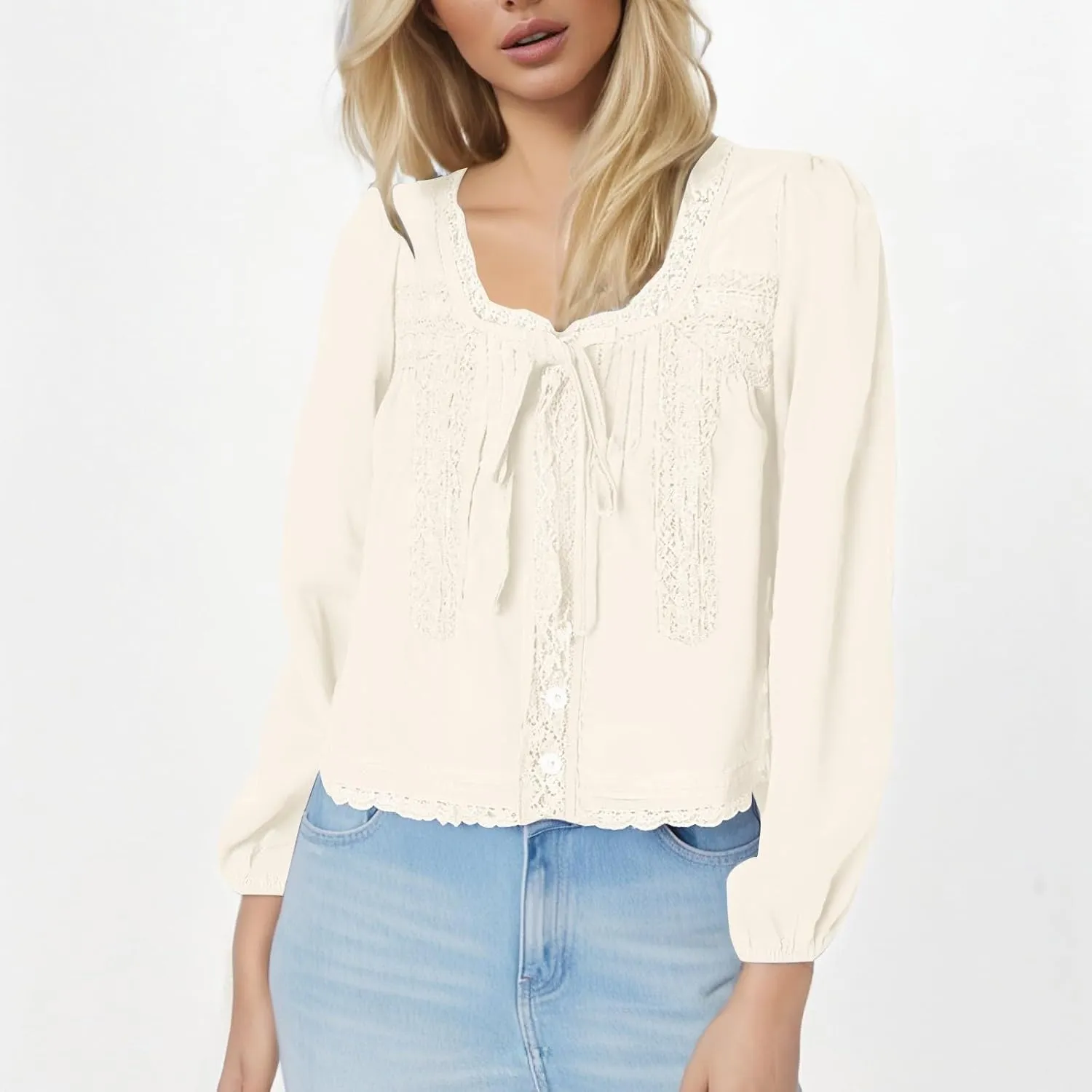 Women Lace Tie Front Top Y2k Coquette Long Sleeve Button Up Chiffon Cardigan Flowy Boho Peplum Shirt Going Out Tops in 2025