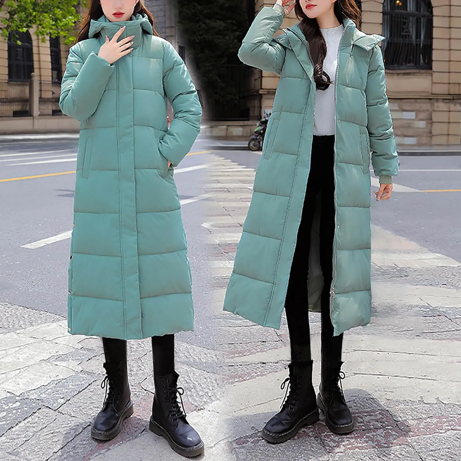 Women Lengthened Thickened Puffer Jacket Quilted Down Jackets Trendy Winter Coats Long Hooded Padded Overcoat