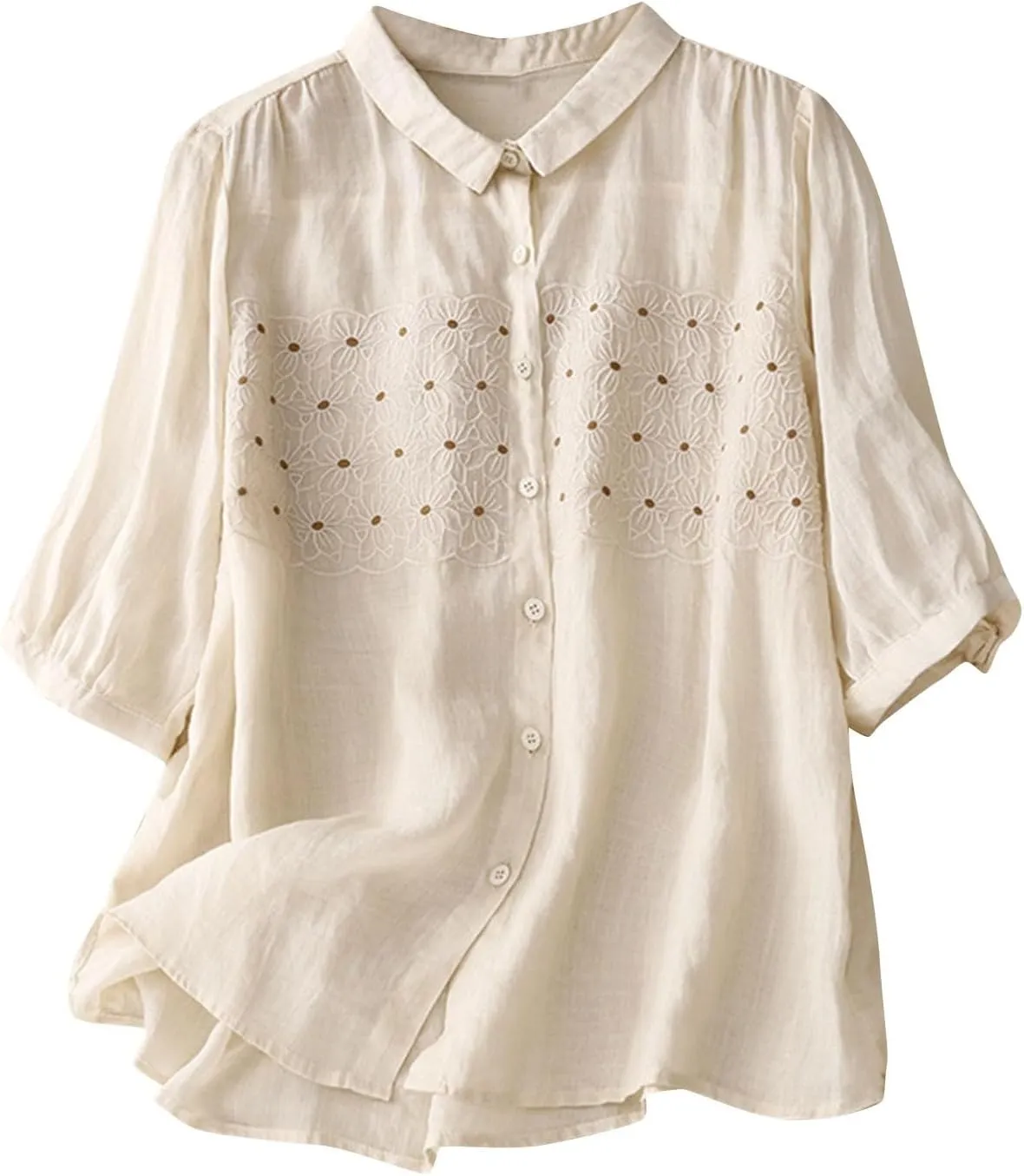 Women Linen Button Down Shirt Half Short Sleeve Tops Ladies Summer Casual V Neck Beach Cotton Blouses