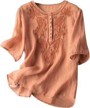 Women Linen Button Down Shirt Half Short Sleeve Tops Ladies Summer Casual V Neck Beach Cotton Blouses