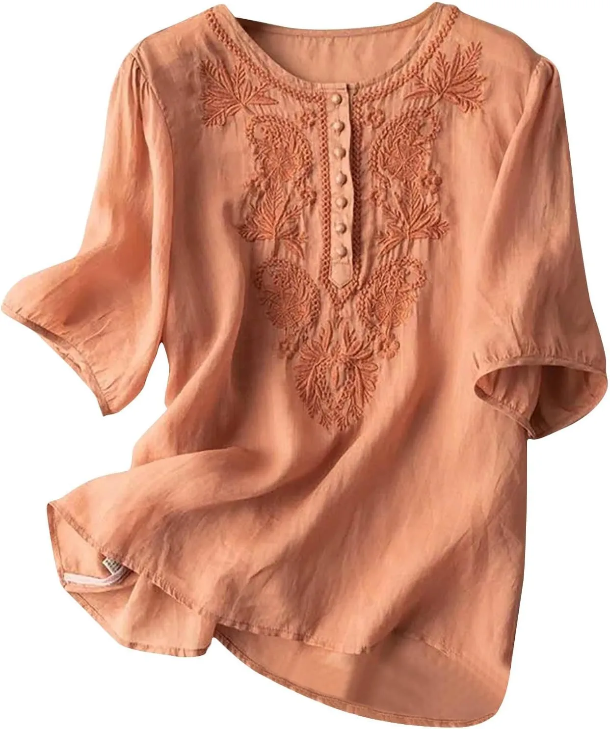 Women Linen Button Down Shirt Half Short Sleeve Tops Ladies Summer Casual V Neck Beach Cotton Blouses
