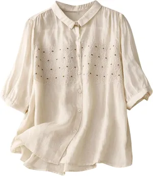Women Linen Button Down Shirt Half Short Sleeve Tops Ladies Summer Casual V Neck Beach Cotton Blouses