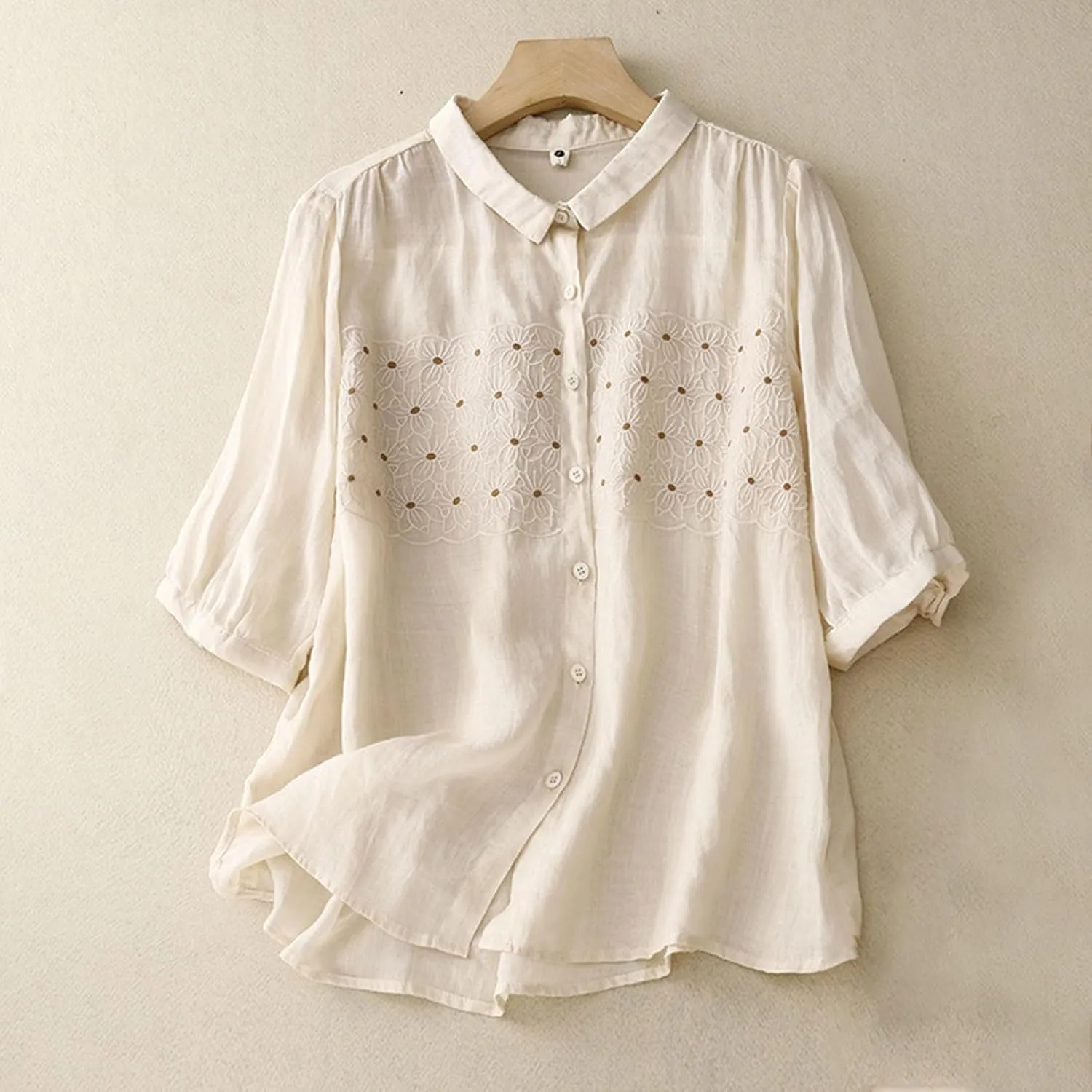Women Linen Button Down Shirt Half Short Sleeve Tops Ladies Summer Casual V Neck Beach Cotton Blouses