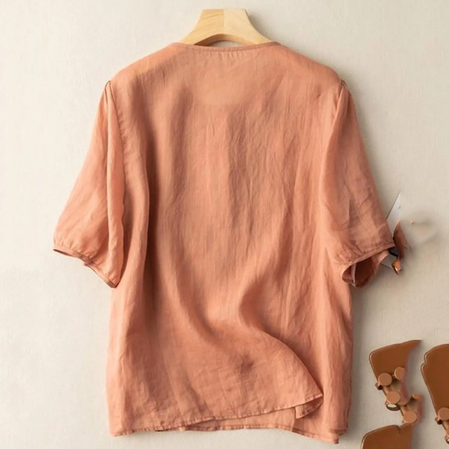 Women Linen Button Down Shirt Half Short Sleeve Tops Ladies Summer Casual V Neck Beach Cotton Blouses