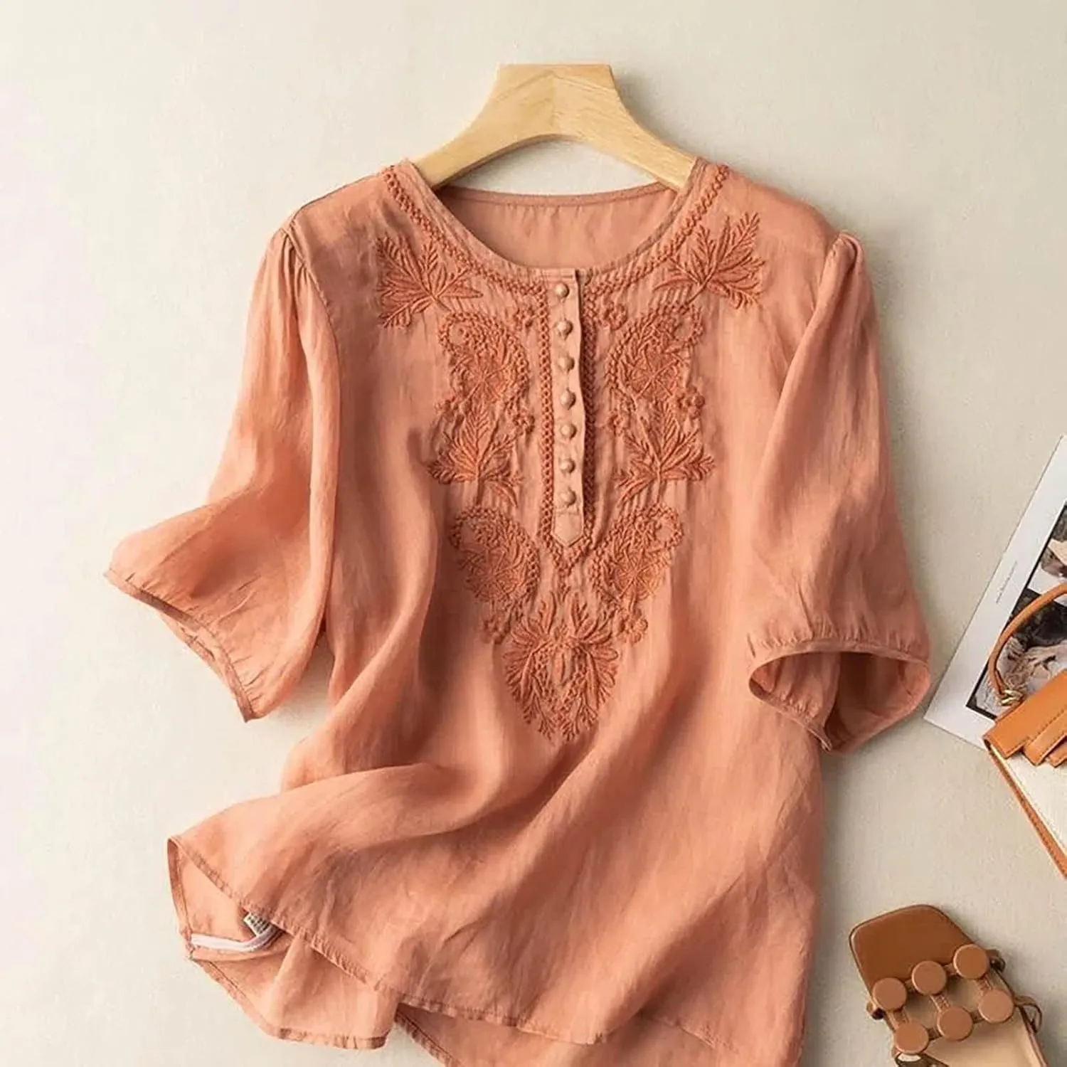 Women Linen Button Down Shirt Half Short Sleeve Tops Ladies Summer Casual V Neck Beach Cotton Blouses