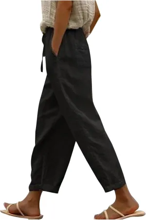 Women Linen Capri Pants Lightweight Cotton Linend Summer Pants Casual Beach Drawstring Elastic Waist Trousers