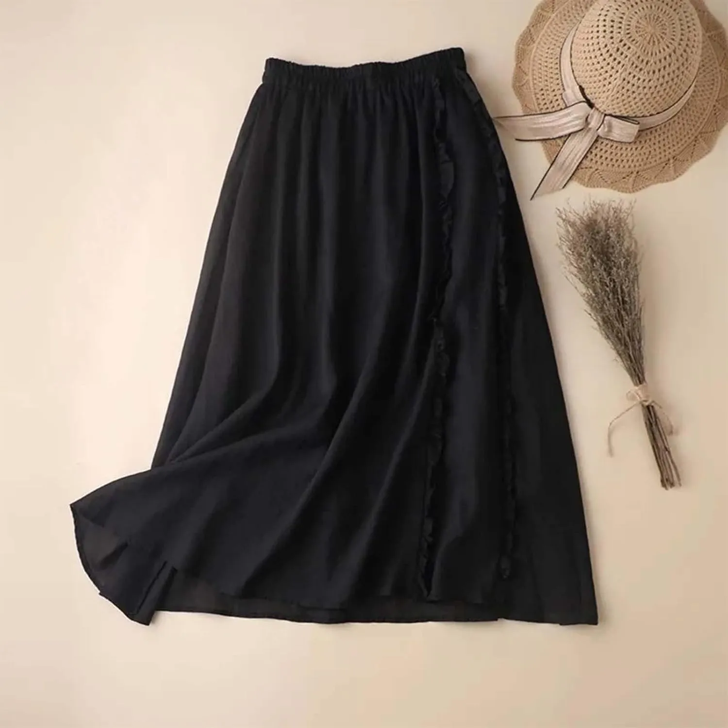 Women Linen Maxi Skirts Flowy Boho Ruffle A-Line Long Skirt Elastic Waist Cotton Summer Vacation Skirts 2025 Trendy