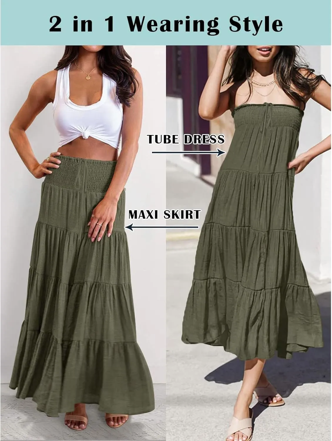 Women Maxi Skirt Boho Flowy High Waist Pleated Tiered Long Skirt Ruffle A-Line Summer Vacation Beach Long Dress