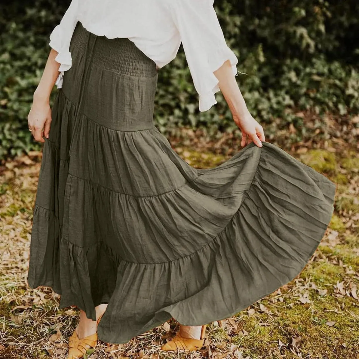 Women Maxi Skirt Boho Flowy High Waist Pleated Tiered Long Skirt Ruffle A-Line Summer Vacation Beach Long Dress