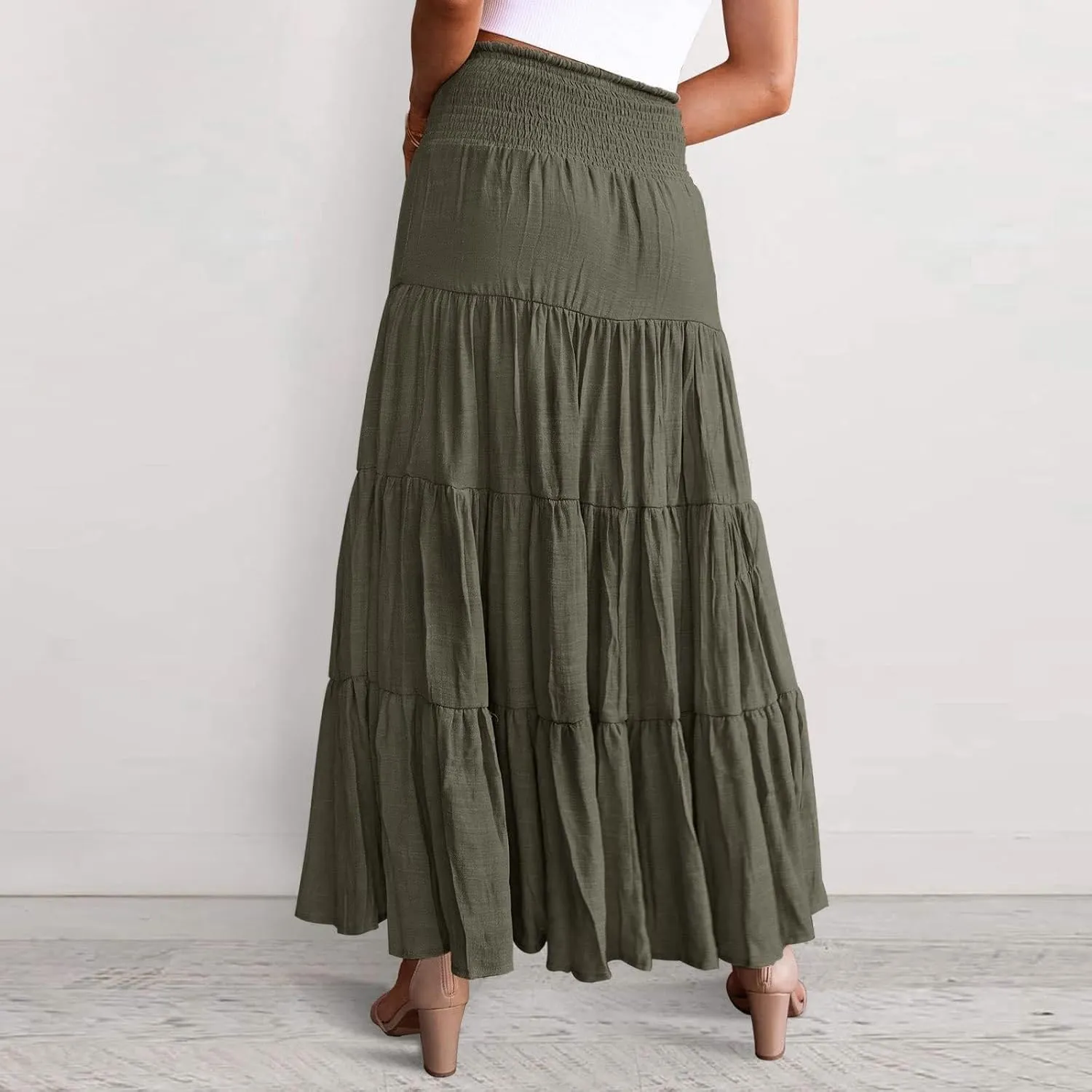 Women Maxi Skirt Boho Flowy High Waist Pleated Tiered Long Skirt Ruffle A-Line Summer Vacation Beach Long Dress