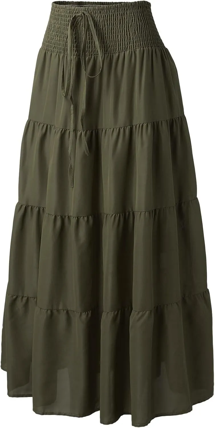 Women Maxi Skirt Boho Flowy High Waist Pleated Tiered Long Skirt Ruffle A-Line Summer Vacation Beach Long Dress