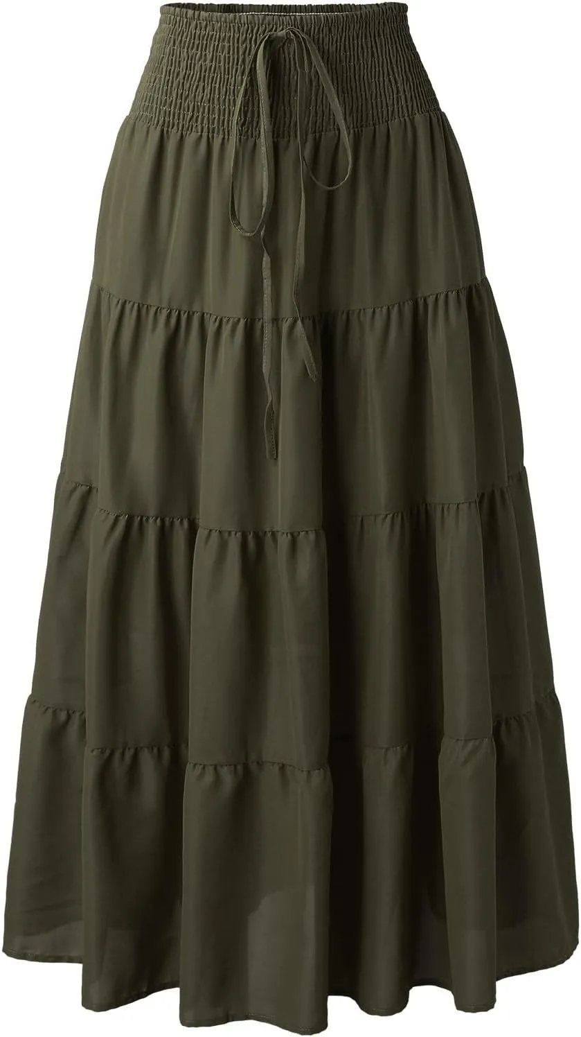 Women Maxi Skirt Boho Flowy High Waist Pleated Tiered Long Skirt Ruffle A-Line Summer Vacation Beach Long Dress