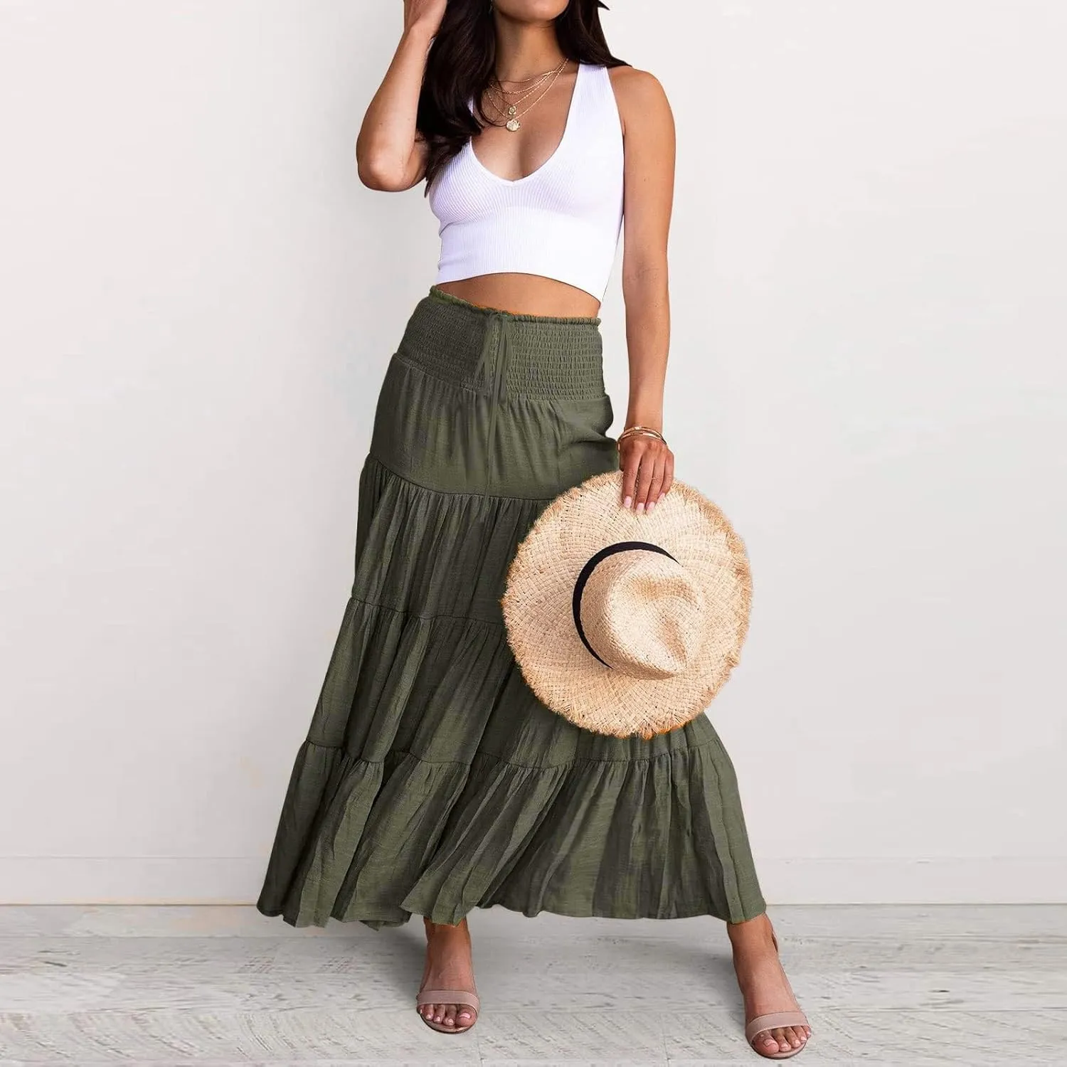 Women Maxi Skirt Boho Flowy High Waist Pleated Tiered Long Skirt Ruffle A-Line Summer Vacation Beach Long Dress