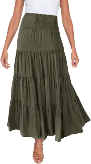 Women Maxi Skirt Boho Flowy High Waist Pleated Tiered Long Skirt Ruffle A-Line Summer Vacation Beach Long Dress
