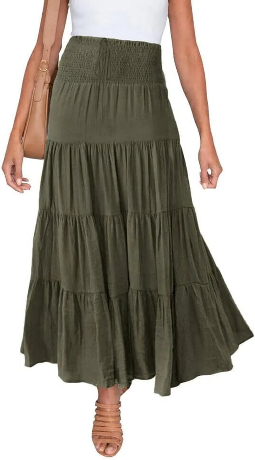 Women Maxi Skirt Boho Flowy High Waist Pleated Tiered Long Skirt Ruffle A-Line Summer Vacation Beach Long Dress