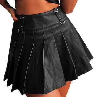 Women Mini Skirt Women Fashion Faux Leather Skirts Pleated PU Skirt Sexy Two Piece Teen Girls Streetwear Skirts
