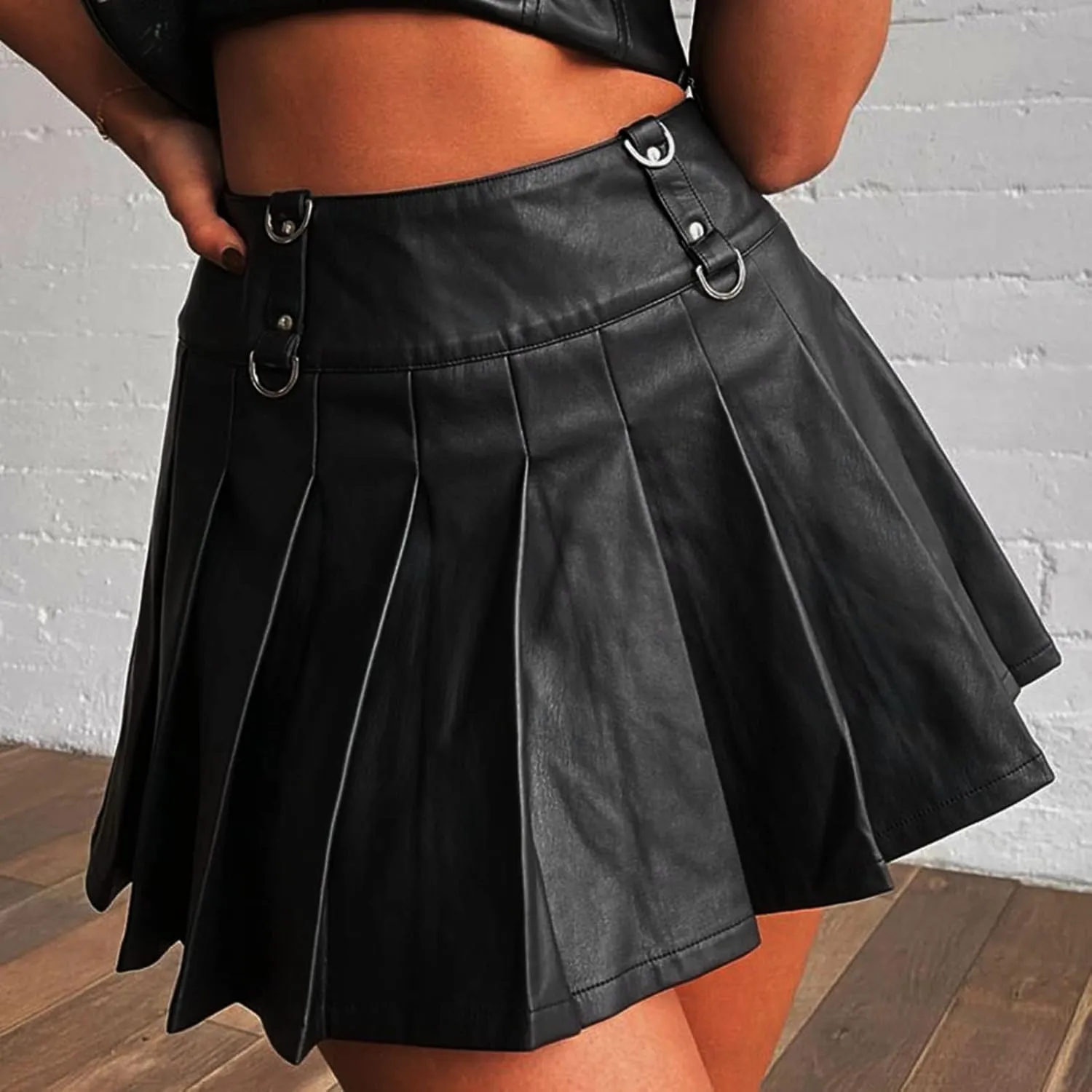 Women Mini Skirt Women Fashion Faux Leather Skirts Pleated PU Skirt Sexy Two Piece Teen Girls Streetwear Skirts