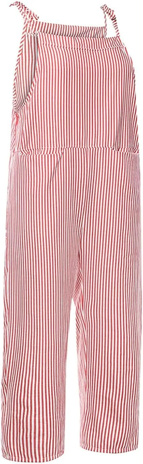 Women Oversized Summer Casual Stripes Cargo Jumpsuit Wide Leg Bib Pants Striped Linen Overalls Trendy Dungarees Pocket