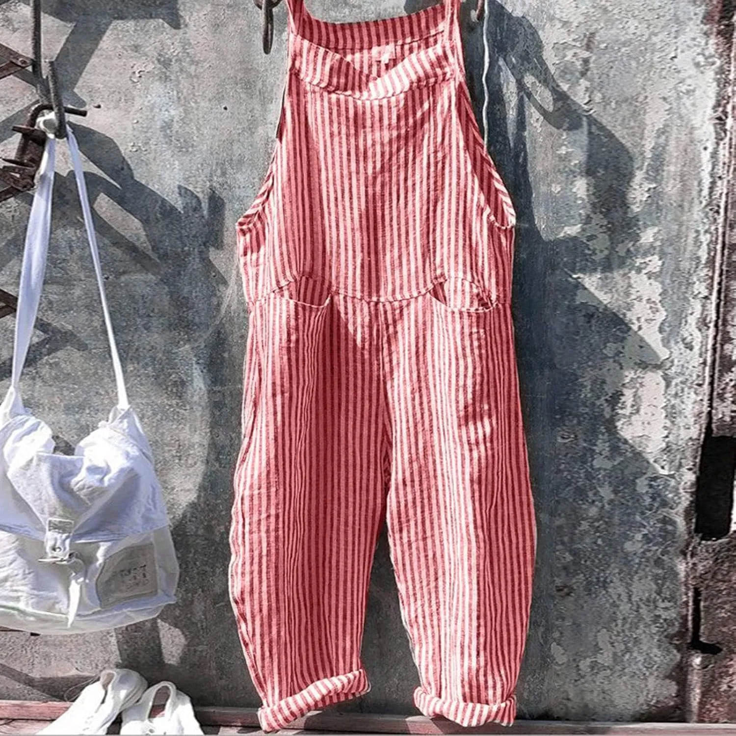 Women Oversized Summer Casual Stripes Cargo Jumpsuit Wide Leg Bib Pants Striped Linen Overalls Trendy Dungarees Pocket