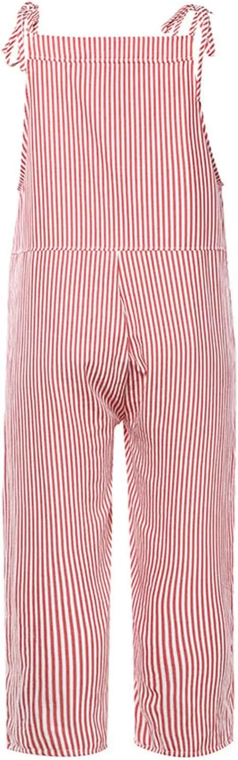 Women Oversized Summer Casual Stripes Cargo Jumpsuit Wide Leg Bib Pants Striped Linen Overalls Trendy Dungarees Pocket