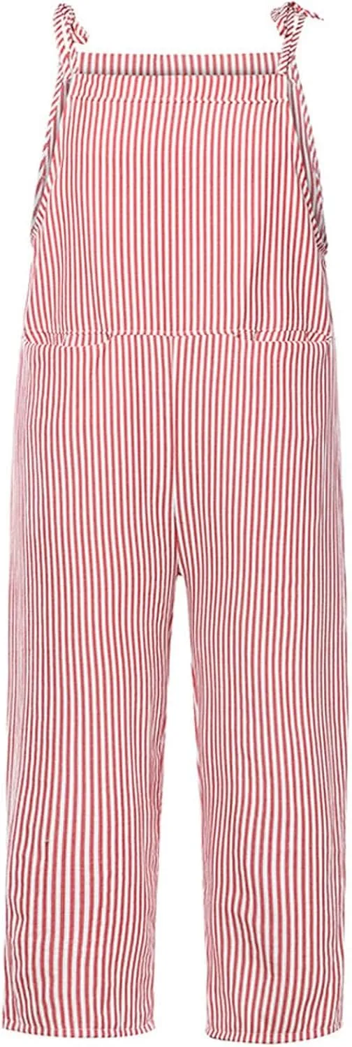 Women Oversized Summer Casual Stripes Cargo Jumpsuit Wide Leg Bib Pants Striped Linen Overalls Trendy Dungarees Pocket