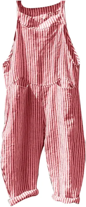 Women Oversized Summer Casual Stripes Cargo Jumpsuit Wide Leg Bib Pants Striped Linen Overalls Trendy Dungarees Pocket