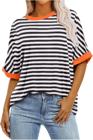 Women Oversized Tshirts 2024 Casual Short Sleeve Crewneck Blouse Tops Trendy Stripes Tops Ladies Summer Clothes