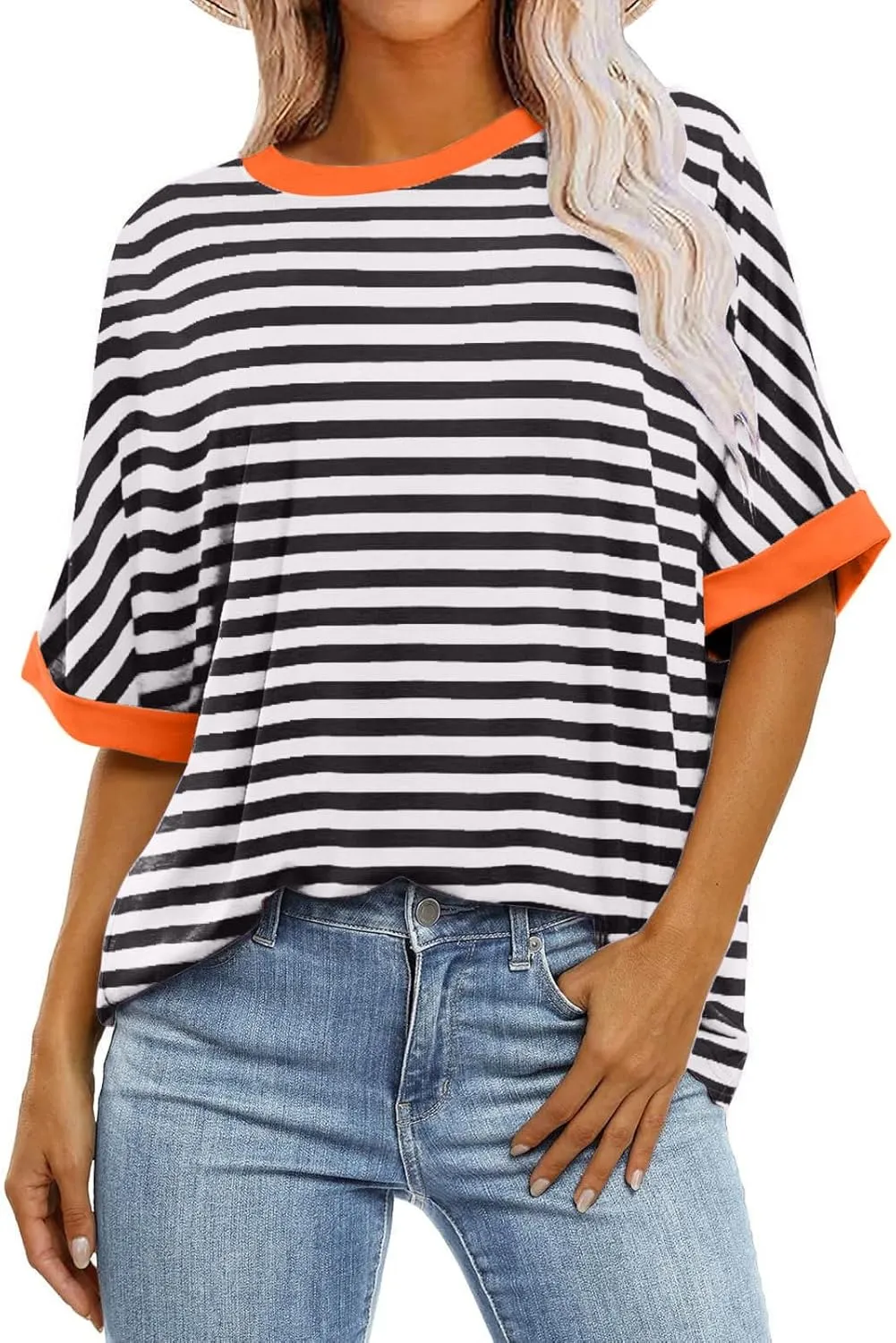 Women Oversized Tshirts 2024 Casual Short Sleeve Crewneck Blouse Tops Trendy Stripes Tops Ladies Summer Clothes