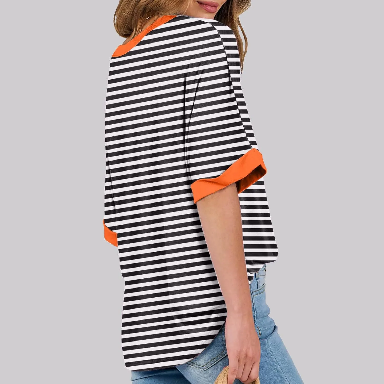 Women Oversized Tshirts 2024 Casual Short Sleeve Crewneck Blouse Tops Trendy Stripes Tops Ladies Summer Clothes