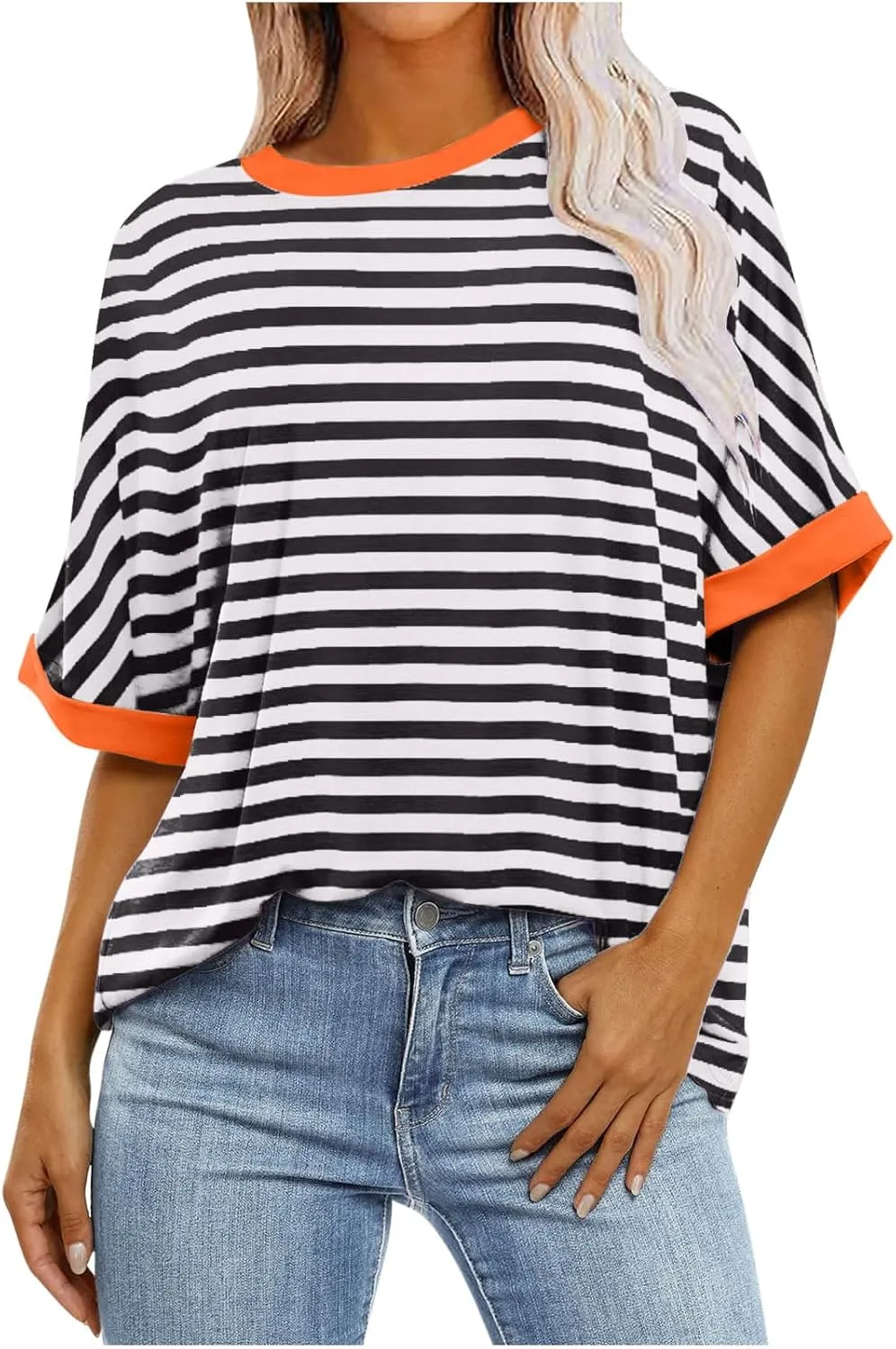 Women Oversized Tshirts 2024 Casual Short Sleeve Crewneck Blouse Tops Trendy Stripes Tops Ladies Summer Clothes
