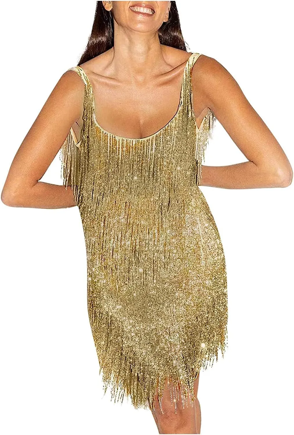 Women Sequin Fringe Dress Sling Tassel Hem Sparkly Spaghetti Strap Backless Bodycon Cocktail Party Mini Dresses