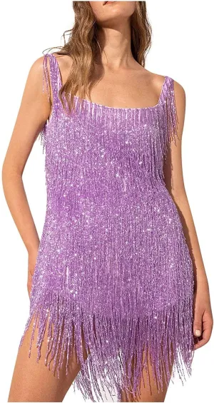 Women Sequin Fringe Dress Sling Tassel Hem Sparkly Spaghetti Strap Backless Bodycon Cocktail Party Mini Dresses