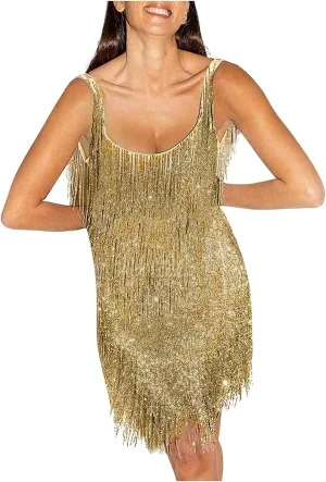 Women Sequin Fringe Dress Sling Tassel Hem Sparkly Spaghetti Strap Backless Bodycon Cocktail Party Mini Dresses