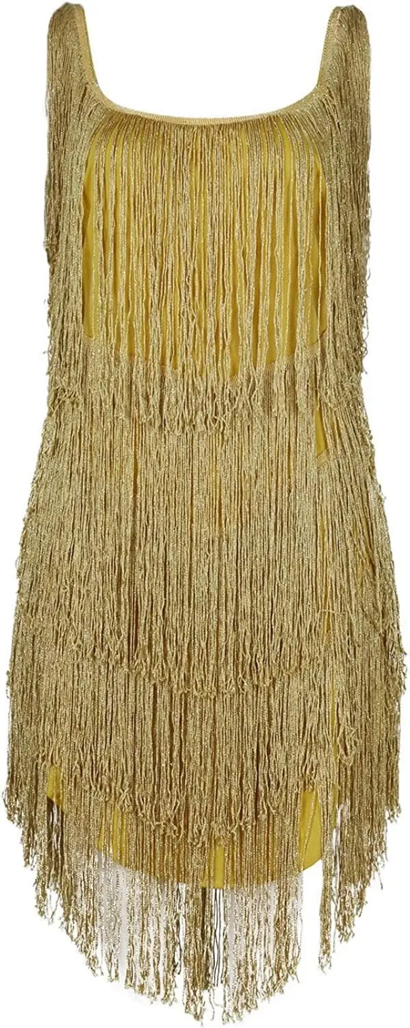 Women Sequin Fringe Dress Sling Tassel Hem Sparkly Spaghetti Strap Backless Bodycon Cocktail Party Mini Dresses