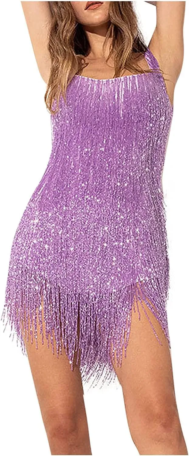 Women Sequin Fringe Dress Sling Tassel Hem Sparkly Spaghetti Strap Backless Bodycon Cocktail Party Mini Dresses