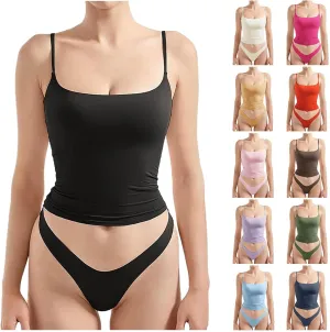 Women Sexy Square Neck Tank Top Summer Y2K Going Out Basic Cami Shirt with Brief Set Double Lined Sleeveless Camisoles