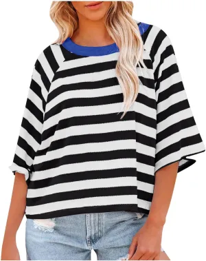 Women Striped Color Block T-Shirts Oversized Baggy Crew Neck Basic Cotton Preppy Shirt 3/4 Sleeve Casual Fall Tops