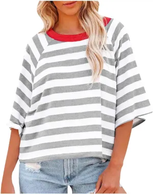 Women Striped Color Block T-Shirts Oversized Baggy Crew Neck Basic Cotton Preppy Shirt 3/4 Sleeve Casual Fall Tops