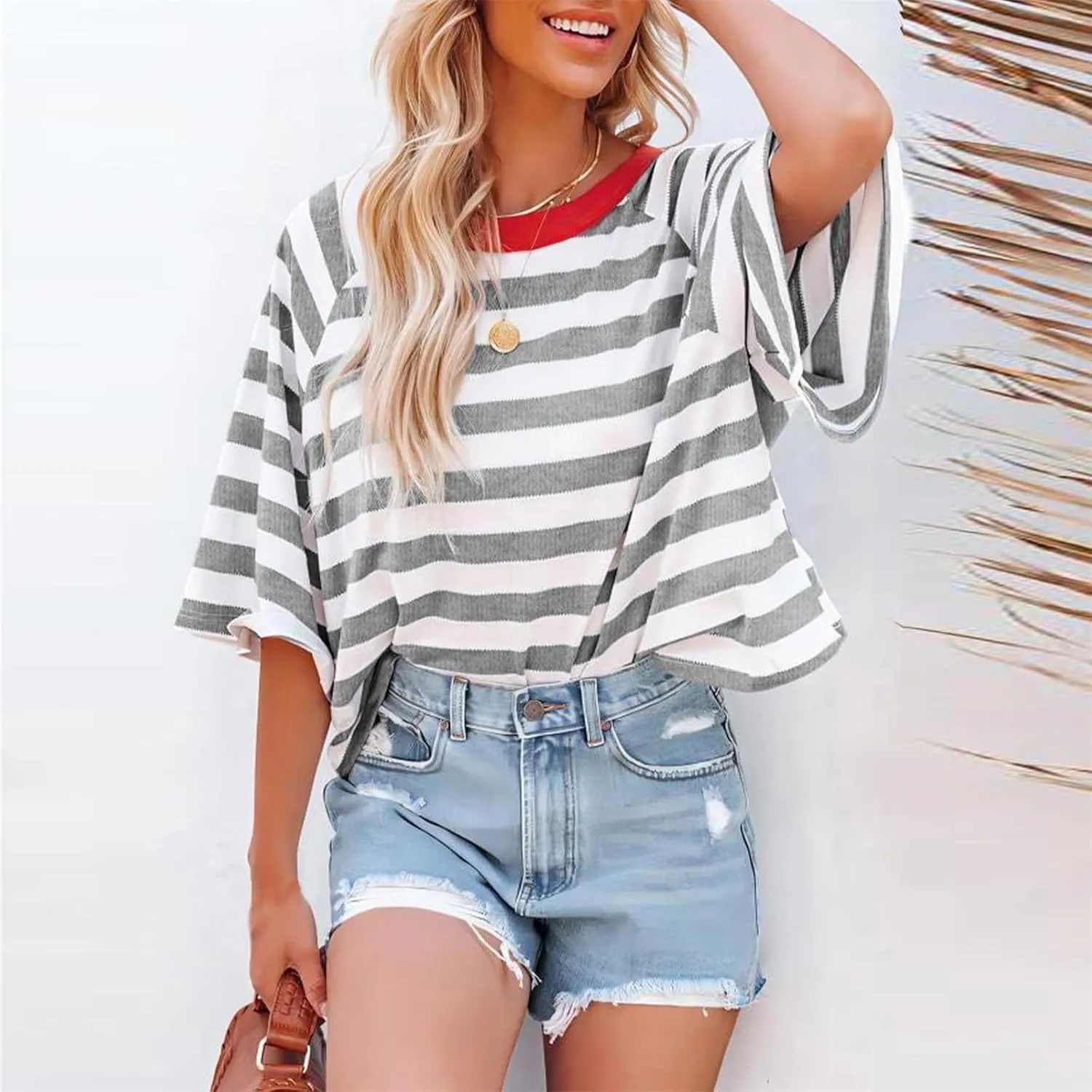 Women Striped Color Block T-Shirts Oversized Baggy Crew Neck Basic Cotton Preppy Shirt 3/4 Sleeve Casual Fall Tops
