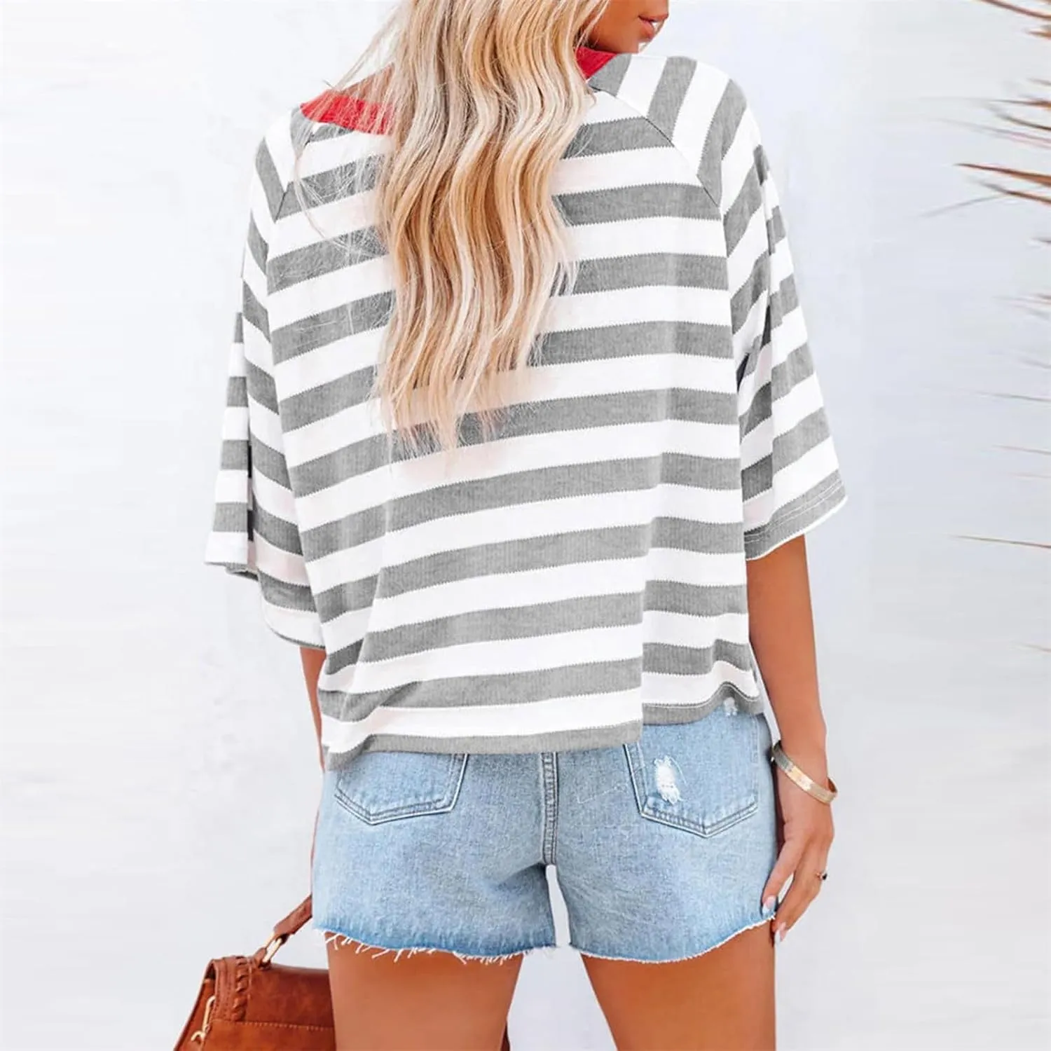 Women Striped Color Block T-Shirts Oversized Baggy Crew Neck Basic Cotton Preppy Shirt 3/4 Sleeve Casual Fall Tops