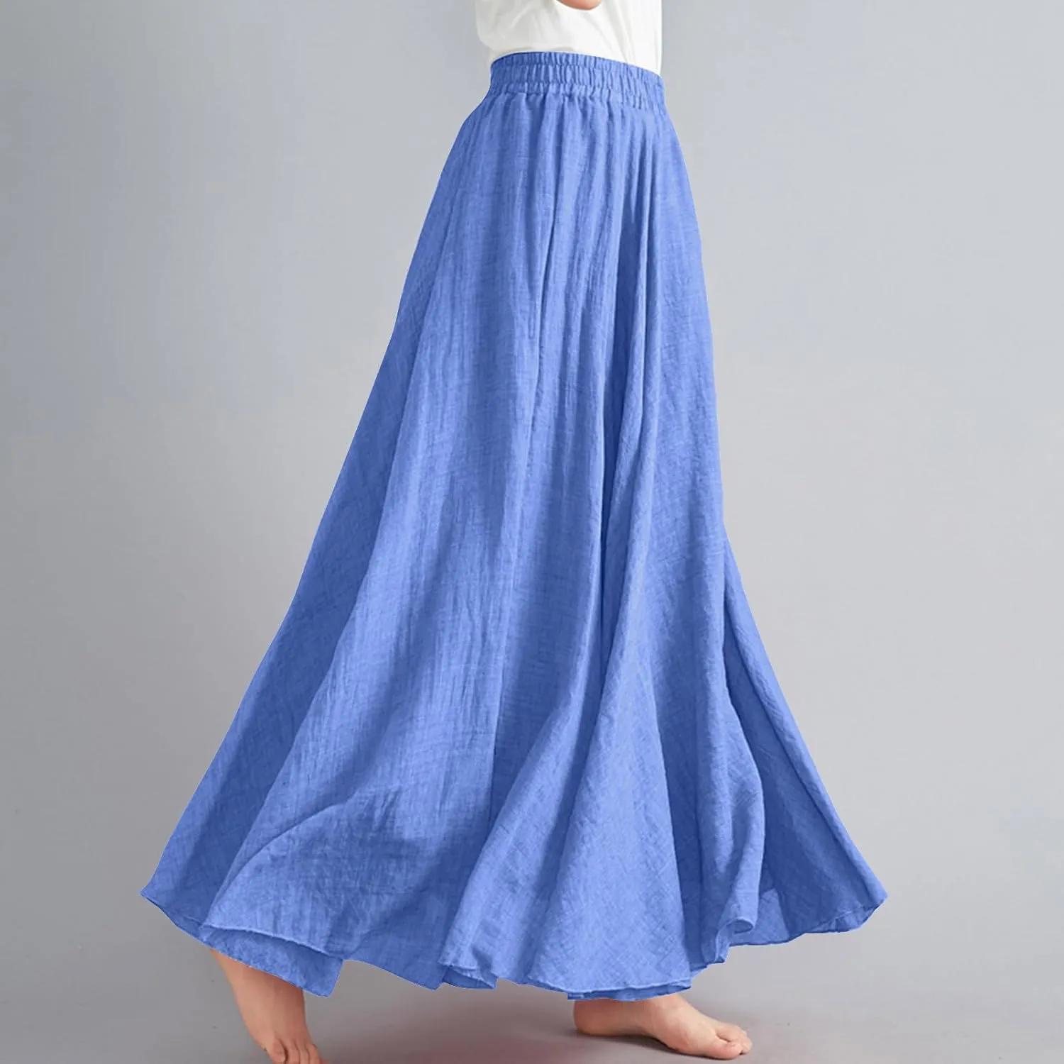 Women Summer Boho Flowy Swing A-Line Maxi Skirt Casual Linen Skirts 2025 Trendy Elastic High Waist Long Beach Dress