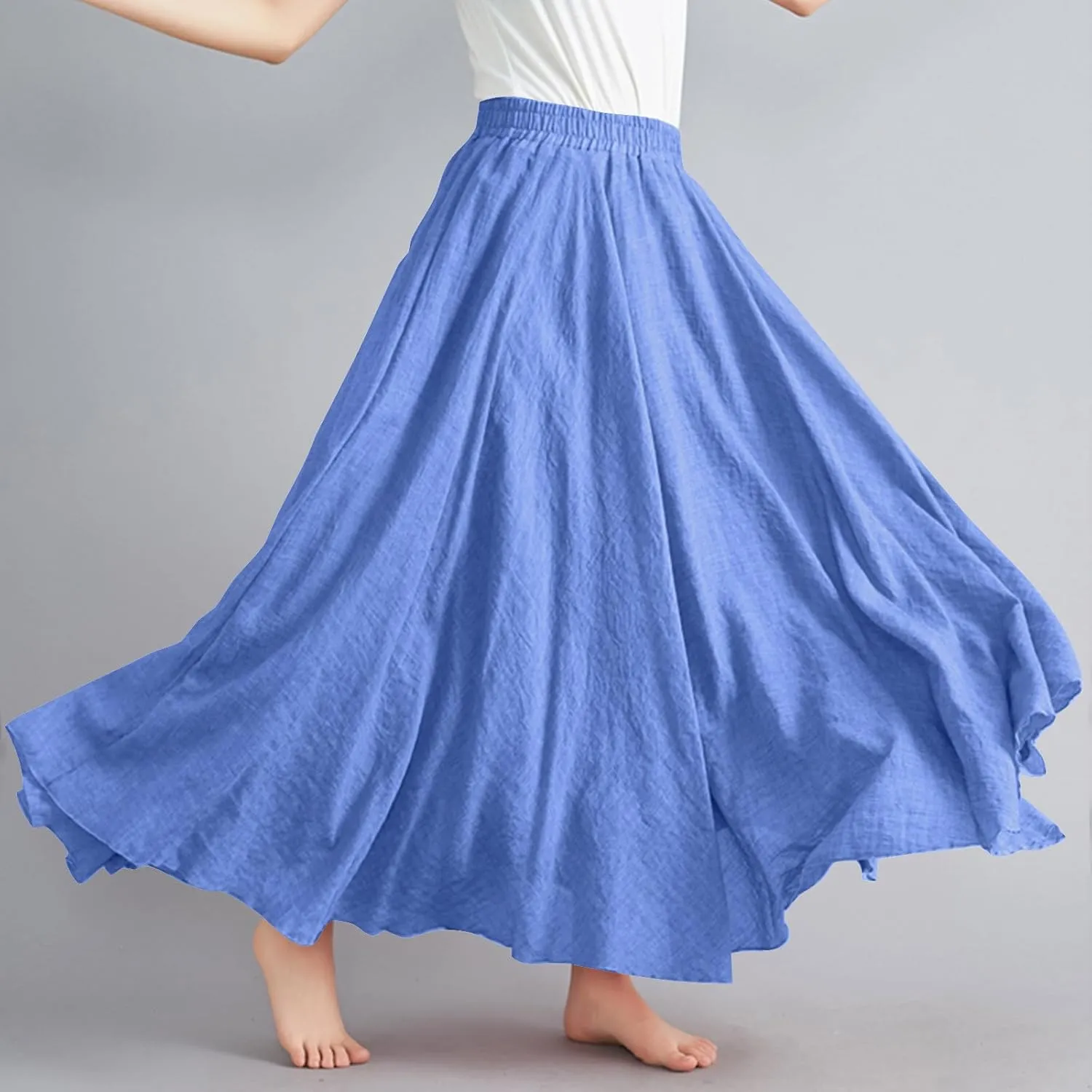 Women Summer Boho Flowy Swing A-Line Maxi Skirt Casual Linen Skirts 2025 Trendy Elastic High Waist Long Beach Dress
