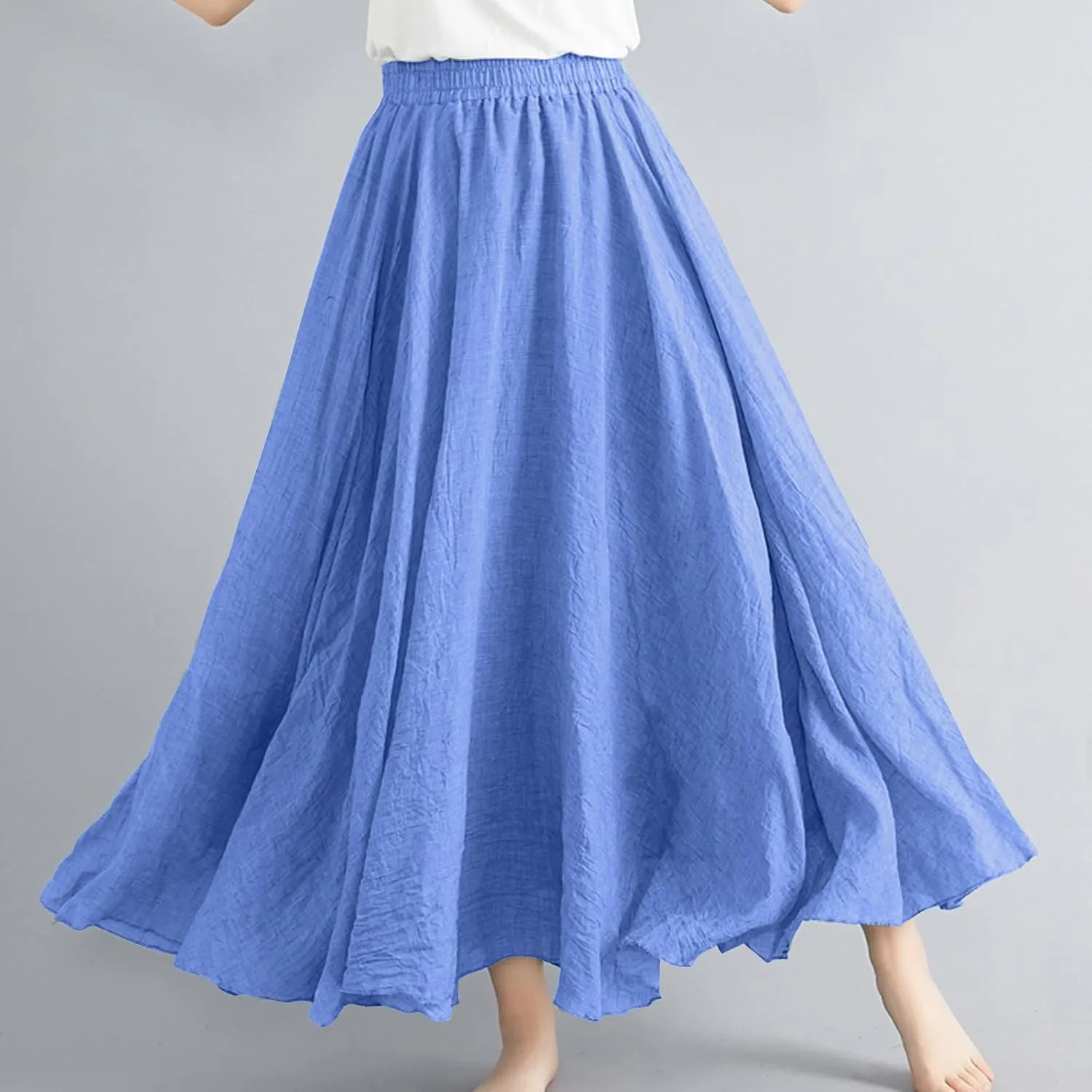 Women Summer Boho Flowy Swing A-Line Maxi Skirt Casual Linen Skirts 2025 Trendy Elastic High Waist Long Beach Dress